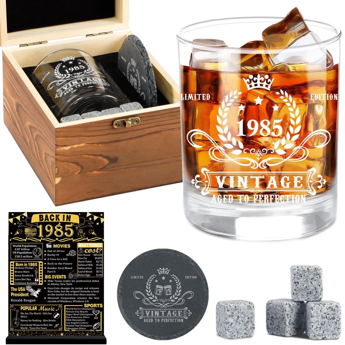 YeohJoy 40th Birthday Gifts for Men,Vintage 1985 Whiskey Glass Set,Wood Box & Whiskey Stones & 1985 Poster Anniversary Card & Coaster,Birthday Gifts Ideas for Him,Husband,Dad