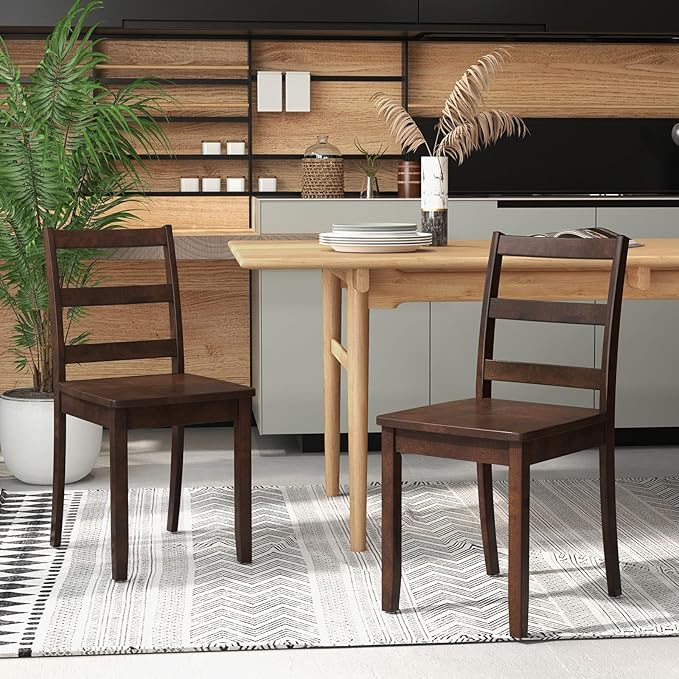 Giantex Wood Dining Chairs Set of 2 Walnut - Wooden Armless Kitchen Chairs with Solid Rubber Wood Legs, Non-Slip Foot Pads, Max Load 400 Lbs, Farmhouse Style High Ladder Back Dining Room Chairs