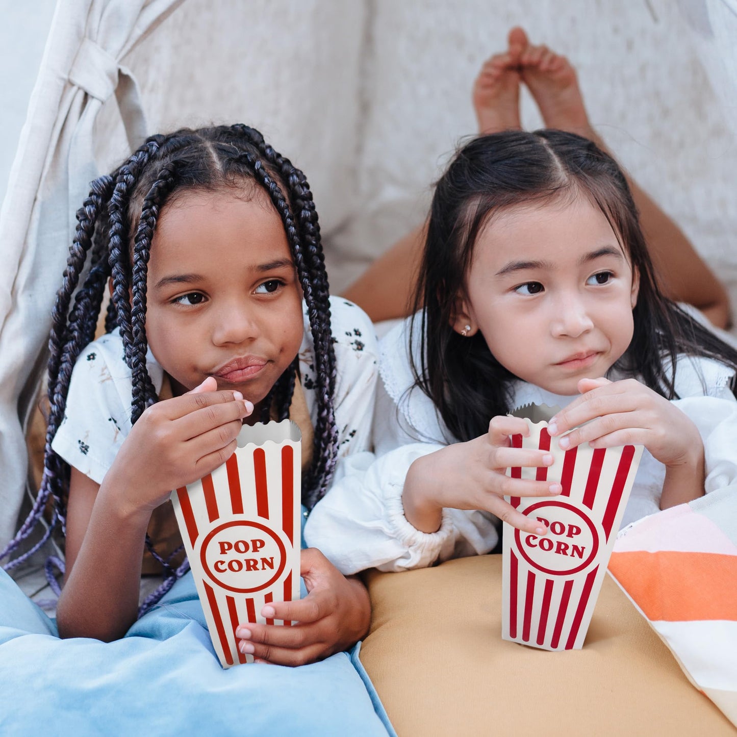 Novelty Place 12 Pcs Classic Popcorn Boxes, 46 oz Red & White Striped Cardboard Popcorn Container for Movie Night Party - 7.8" Tall x 3.9" Square