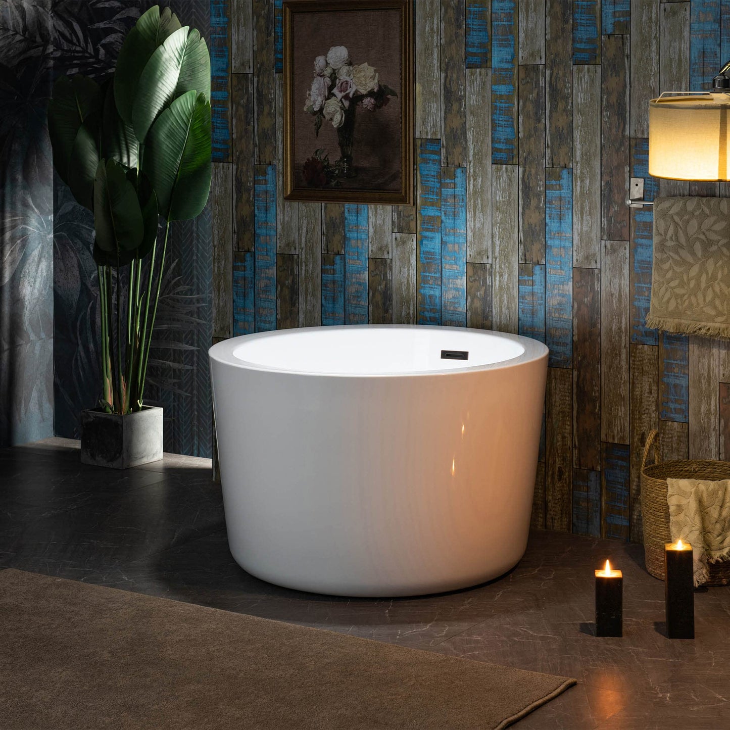 WOODBRIDGE 41" Acrylic Freestanding Round Contemporary Soaking Tub with Pre-molded Seat and Oil-Rubbed Bronze Overflow and Drain Option, White