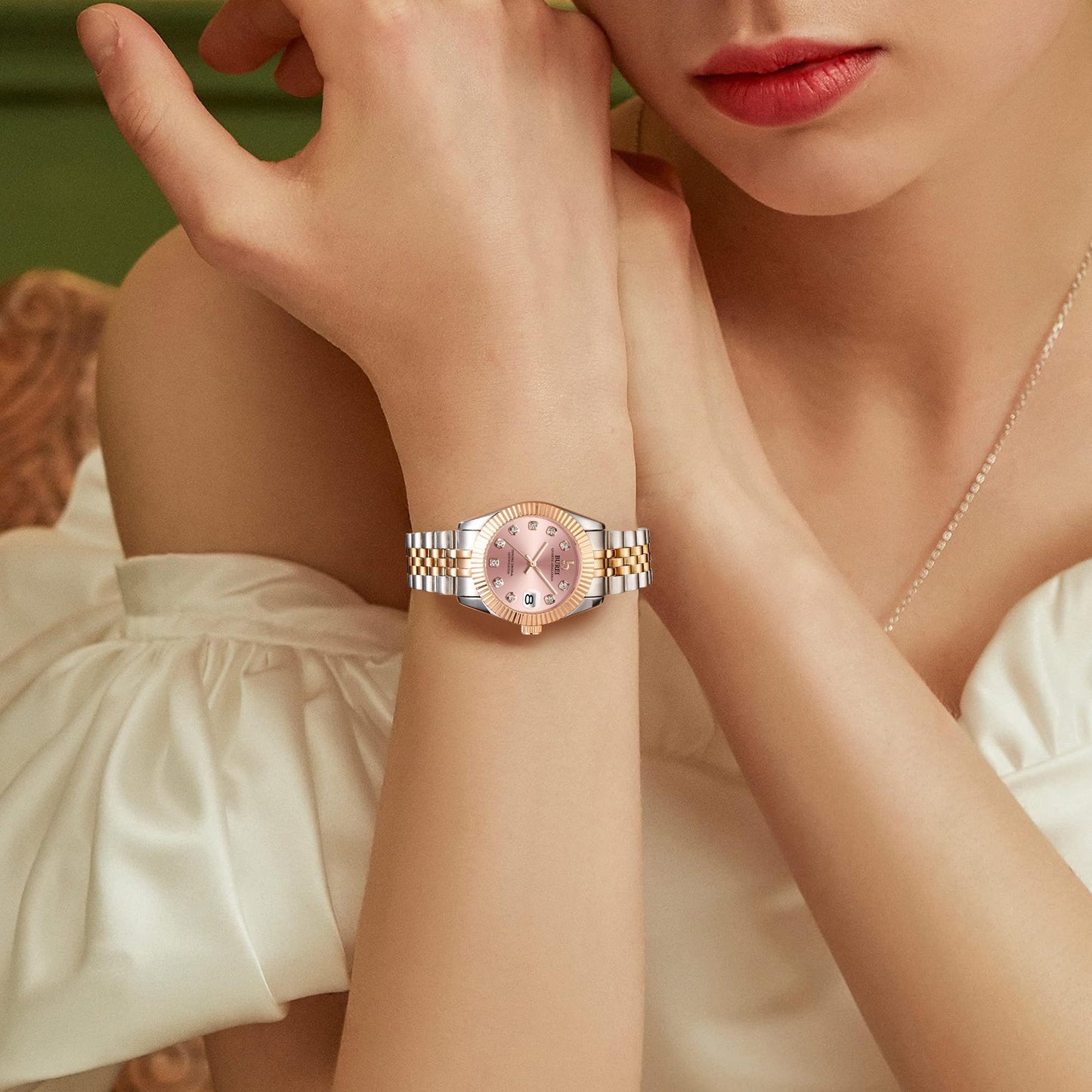 BUREI Women's Rose Golden Watch Silver Stainless Steel Classic Quartz Women Watches with Date Fashion Business Small Face Diamond Waterproof Ladies Watches,Gift for Women
