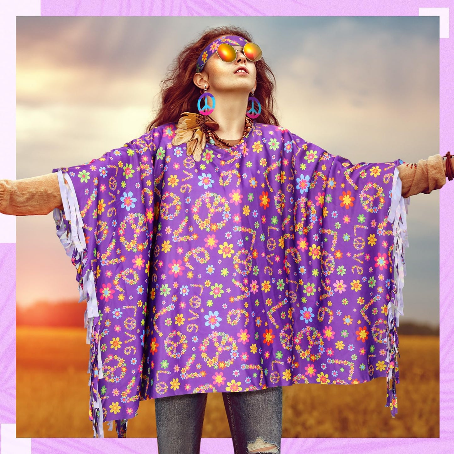 Hicarer 6 Pcs Hippie Costume Accessories Set Includes Headband Poncho Necklace Earrings Sunglasses for Women Girls(Romantic Flower)