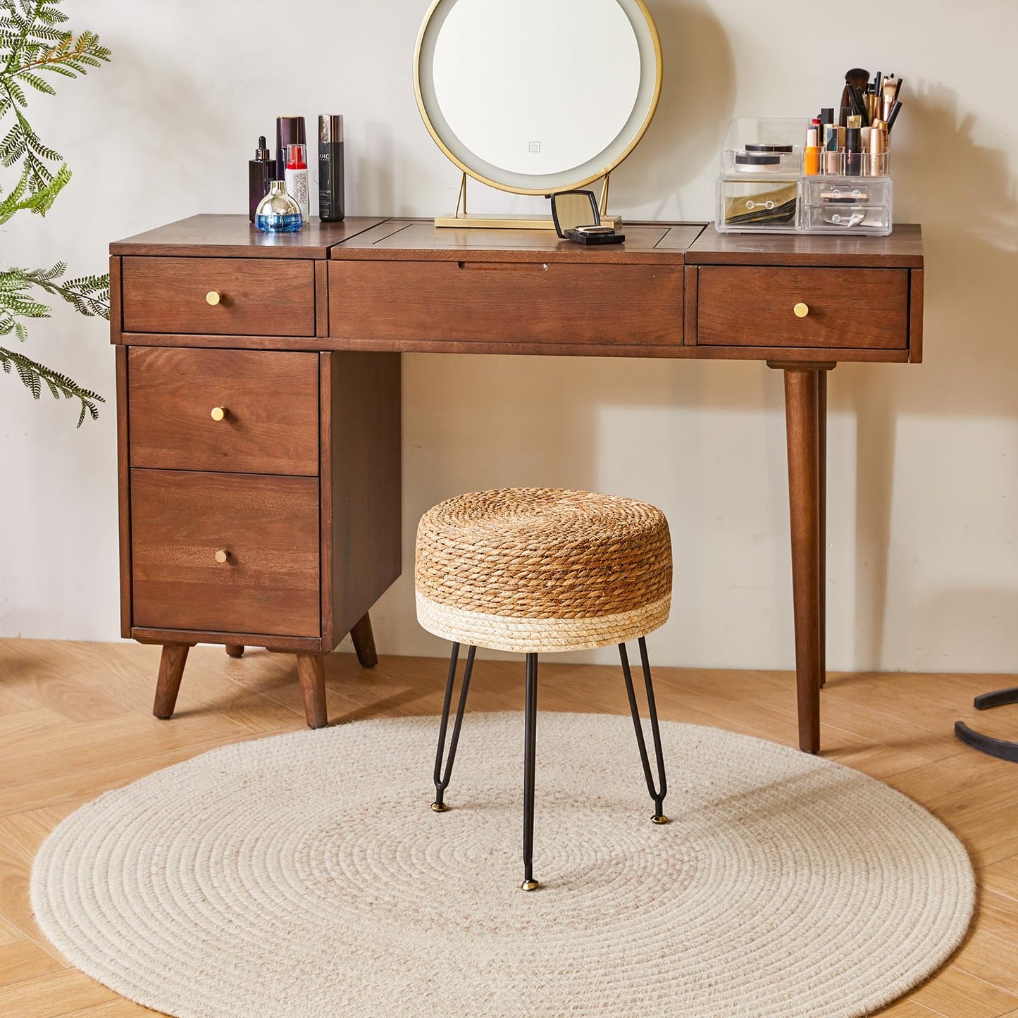 YMYNY Pouf Ottoman, Handmade Natural Water Hyacinth, Pastoral Style Footrest, Footstool with 4 Metal Legs Round Vanity Stool for Bedroom, Hallway, Living Room 12.59"L×12.59"W×17.71"H White UHBD029W