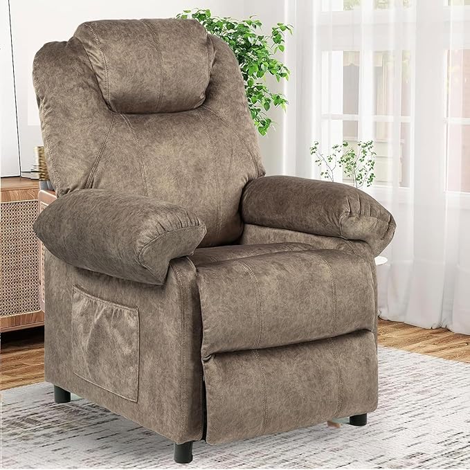 Pushback Massage Recliner Chair with Heat, Fabric Heated Small Massaging Reclining Chair Single Sofa for Adults, Overstuffed Push Back Manual Recliner for Living Room,Brown