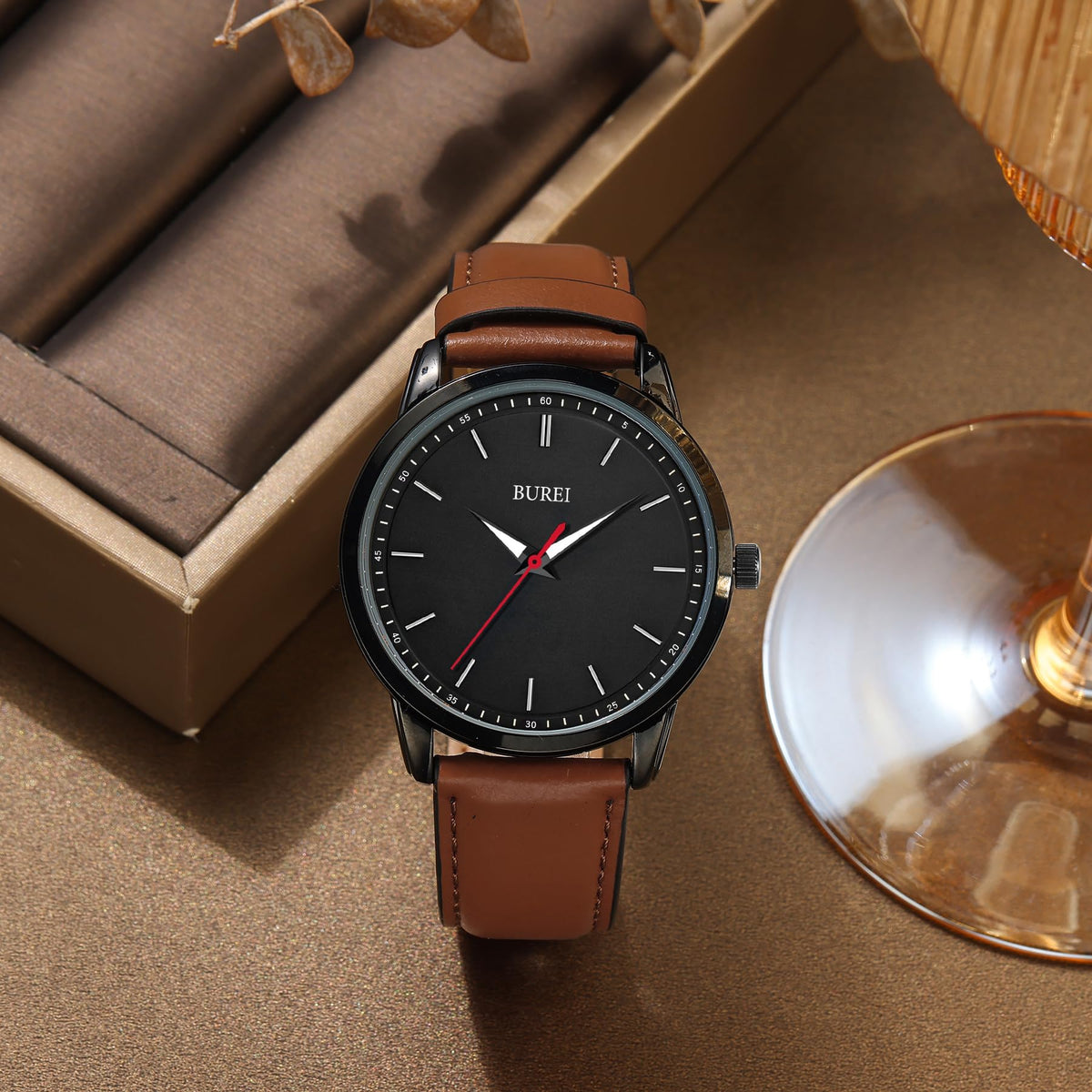 BUREI Mens Fashion Watches Dress Minimalist Wrist Watches for Men Brown Leather Analog Watch Display with Slim Case Design relojes para Hombres