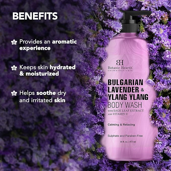 Botanic Hearth Bulgarian Lavender & Ylang Ylang Body Wash – Calming & Relaxing Shower Gel with Vitamin E & Sage Extract, Sulfate & Paraben Free – 16 fl oz