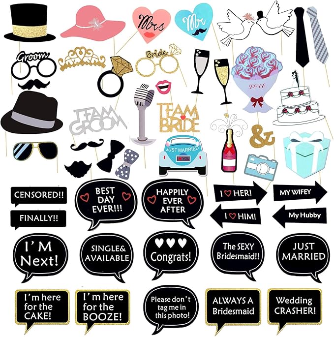 52PCS Wedding Photo Booth Props with Stick Bridal Shower Photo Booth Props Funny Photo Props, Wedding Party Supplies for B...