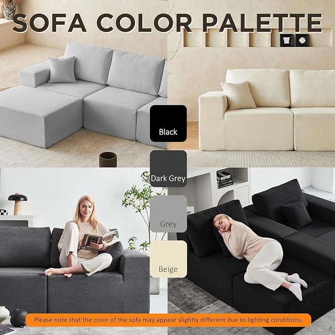 INGEROOM 108" Cloud Sectional Couch with Chaise, Modular L-Shaped Sofa, Deep Seat Comfy Corduroy Memory Foam Couch for Apartments, Dorms or Small Space, No Assembly Required, Black