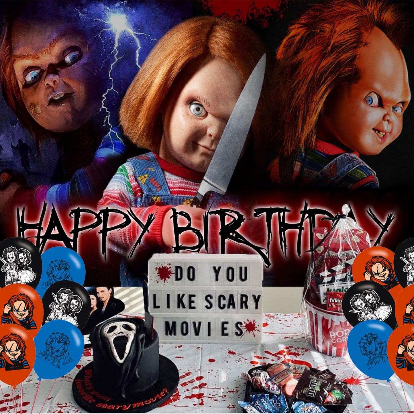 Horror Movie Birthday Party Decoration,Chucky Party Photo Background 5 x 3 FT and 18 Pcs Balloon,Horror Movie Merch Party Backdrop Supplies