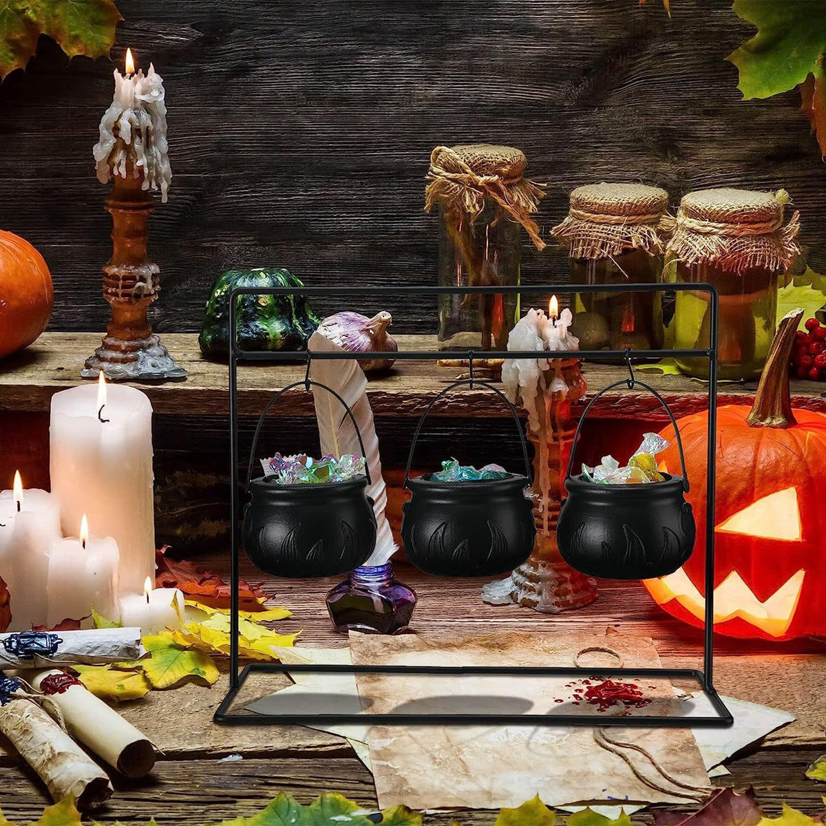 Ochine Set of 3 Witches Cauldron Candy Serving Bowls on Rack, Trick or Treat Bowl Funny Halloween Cauldron Candy Holder for Halloween Decorations
