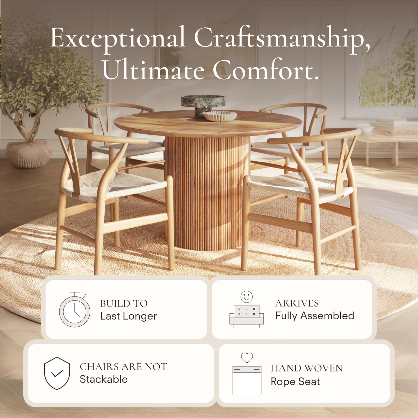 Poly and Bark Weave Modern Wooden Mid-Century Dining Chair, Hemp Seat, Natural (Set of 2)