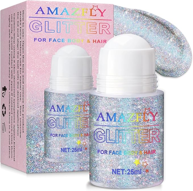 Roll-on Body Glitter Gel Holographic for Face and Hair,Body Glitter Gel Makeup for Kids Women,Body Shimmer Christmas Makeu...