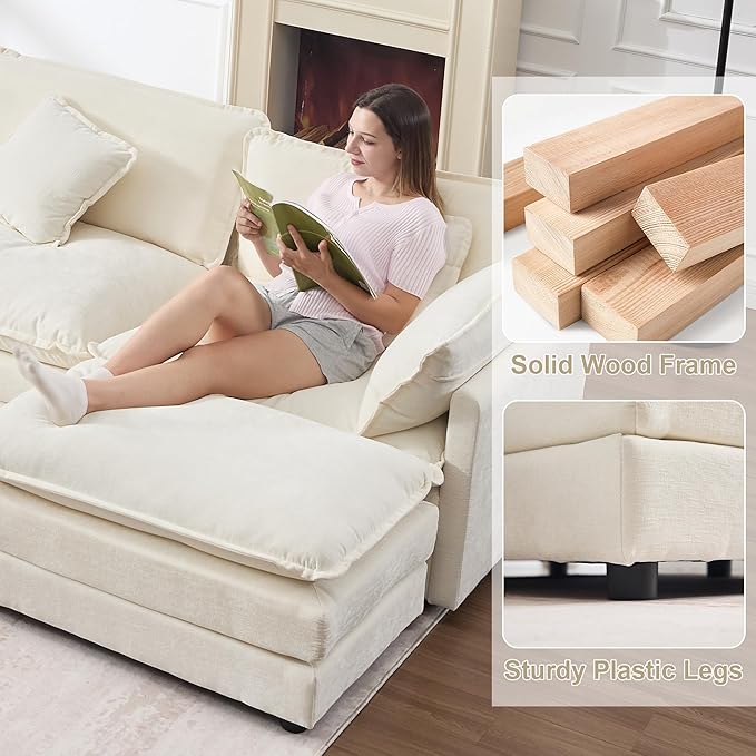 KIVENJAJA 111.5”W Chenille L-Shaped Modular Sectional Sofa, Modern 3-Seater Comfy Deep Seat Cloud Couch with Ottoman/Chaise & 5 Pillows for Living Room Office Apartment, Beige