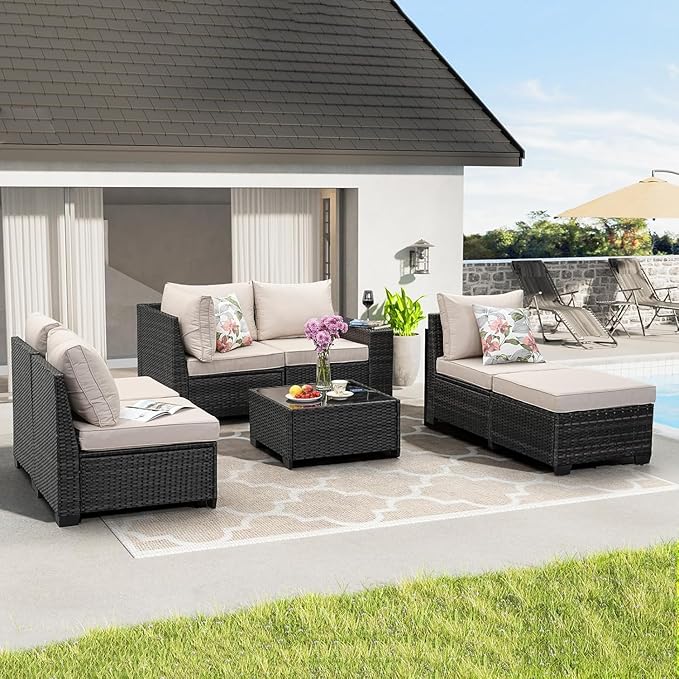 SunloungeCo 7 Pieces Outdoor Patio Furniture Set, Wicker Conversation Sets with Tea Table, Rattan Patio Sofa with Thick Cushions for Garden, Backyard Porch, Poolside,Beige