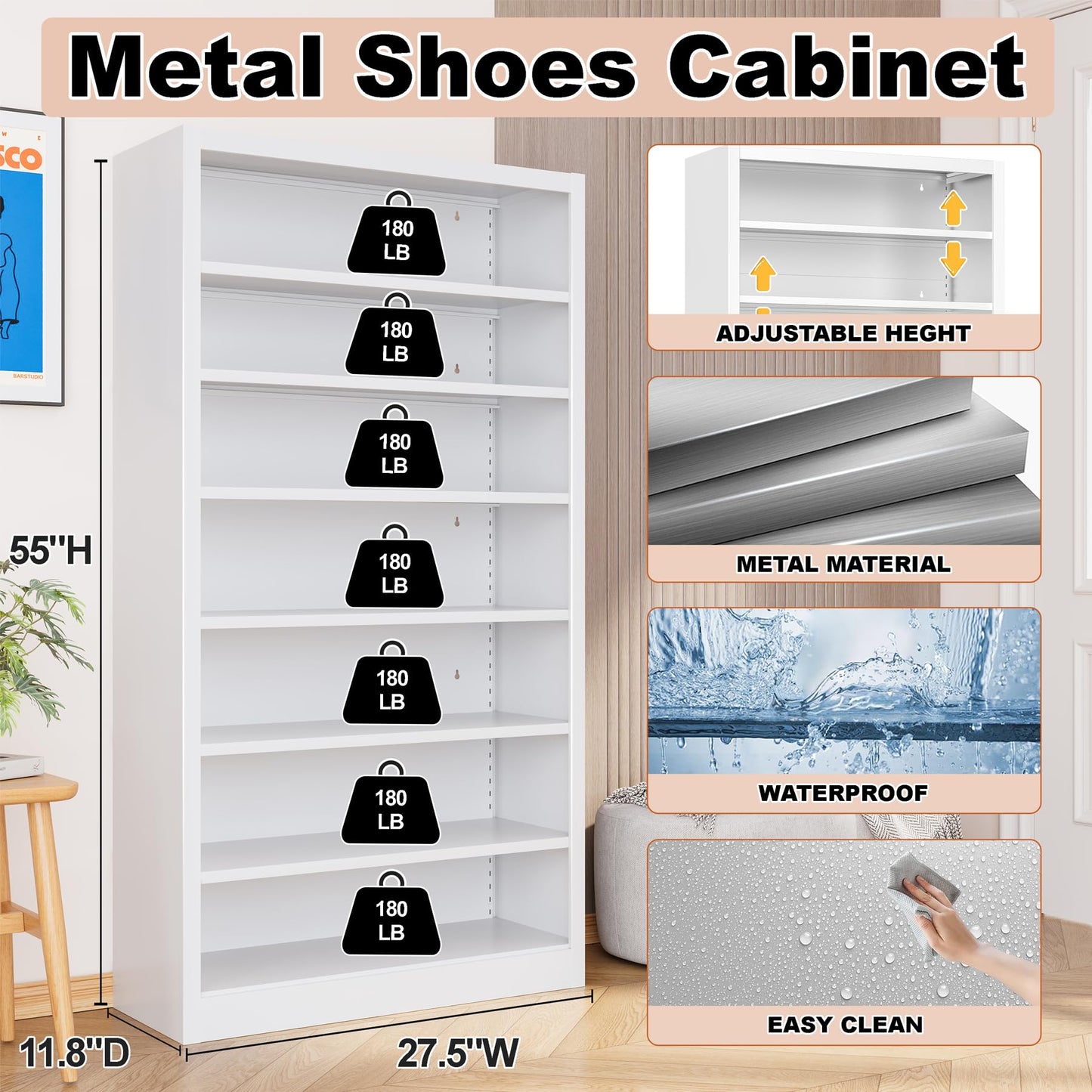 RpAosd 55" Steel Open Shelf Shoe Rack – Adjustable 7-Tier Shoe Organizer, Heavy-Duty Metal Shelf for Entryway, Closet, Garage (White, 7 Tier)