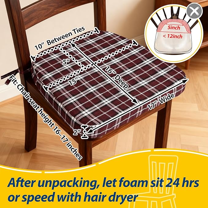 AAAAAcessories D-Shaped Chair Cushions, 2" Thick Dining Chair Pads with Ties and Removable, Machine-Washable Cover, 17" x 16", Set of 2, Red Checkered