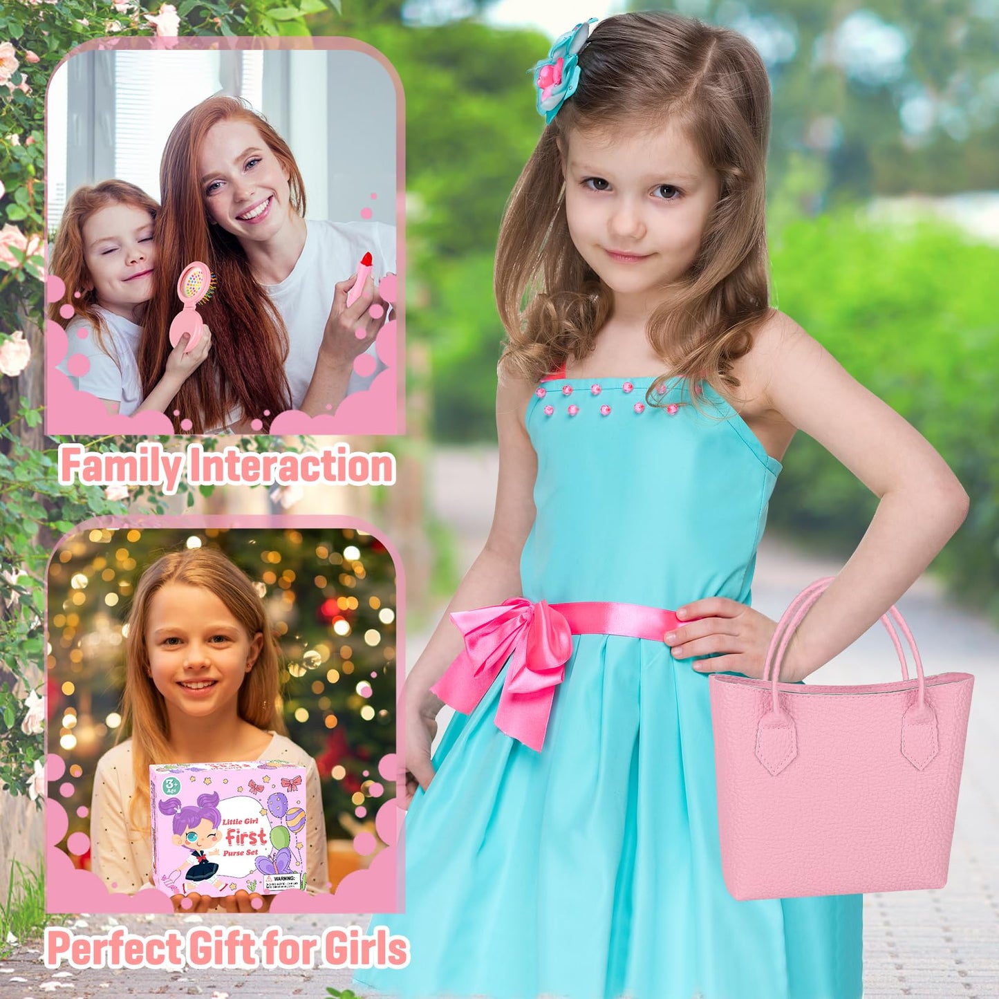 Meaicezli Play Purse for Little Girls, 35PCS Toddler Travel Purse with Handbag, Writing Tablet, Camera, Wallet, Fake Makeup, Girl Toys Includes Phone, Eye Mask, Pretend Play Toys for Girls Ages 3+