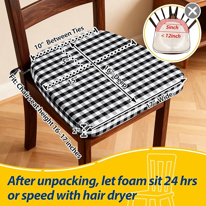 AAAAAcessories D-Shaped Chair Cushions, 2" Thick Dining Chair Pads with Ties and Removable, Machine-Washable Cover, 17" x 16", Checkered Black/White