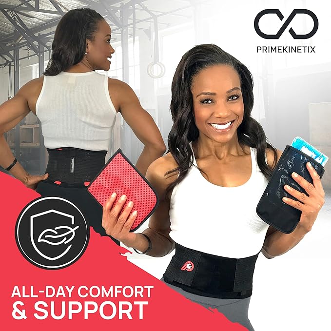 PRIMEKINETIX Pcore Dynamic Lower Back Support Belt - Adjustable Lumbar Brace for Pain Relief with Heat & Ice Therapy - Posture Corrector for Men Women - Breathable Core Support Belt, Size L
