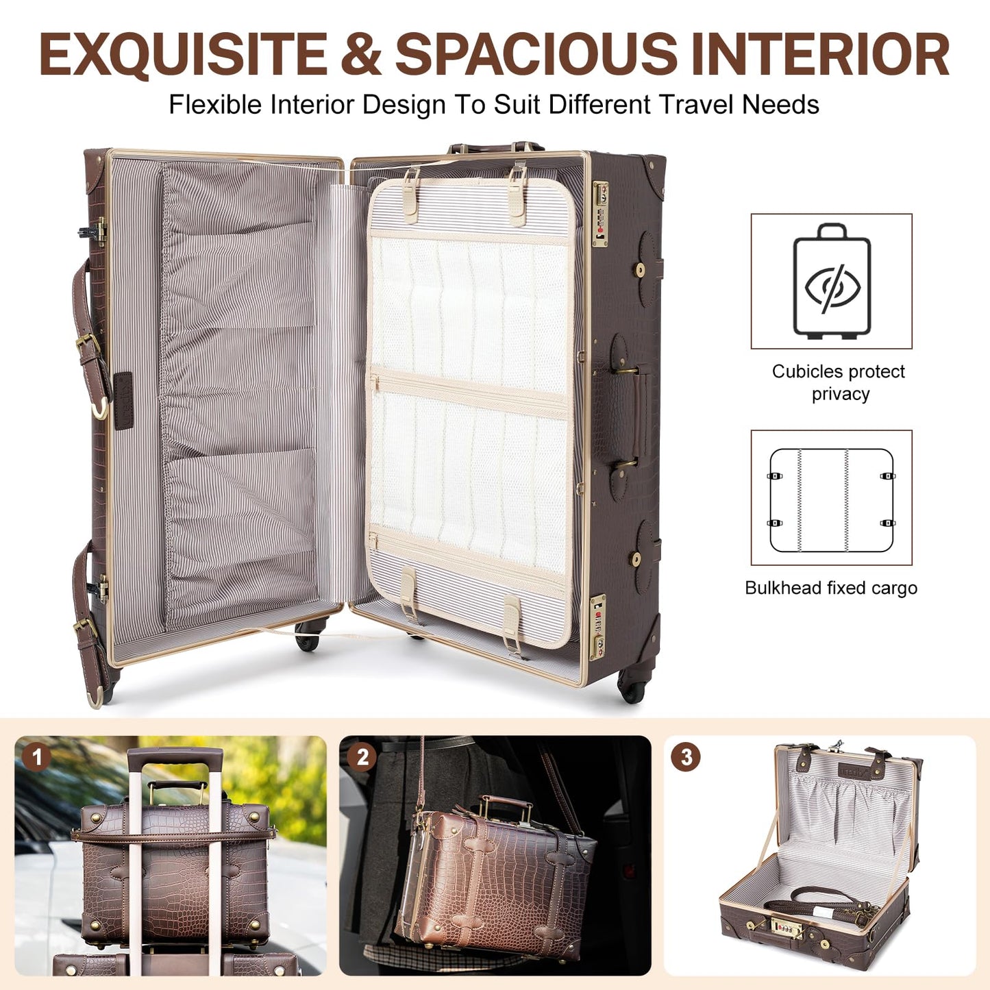 urecity Vintage Luggage Set of 2, Retro Suitcase Trunk with Wheels for Men and Women, Cute Designer Travel Luggage Set with Boarding Tote, Luggage Zipperless TSA Approved (20"+12", Brown)