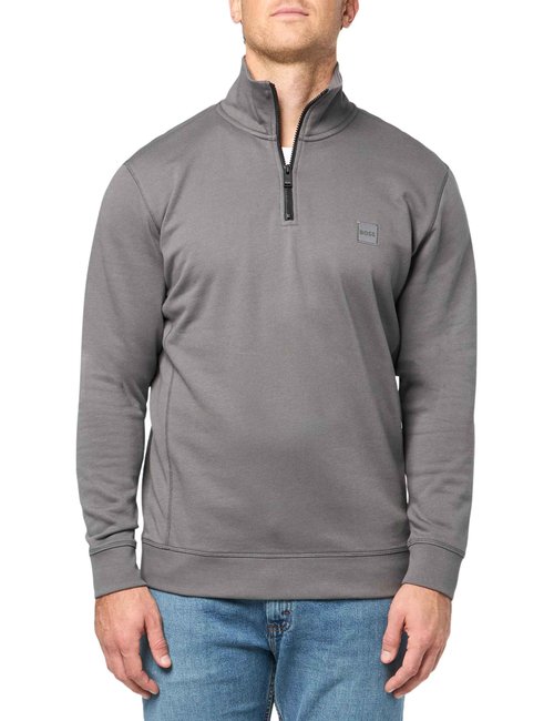 BOSS Patch Logo French Terry Quarter Zip Up Sweatshirt,mushroom grey,S