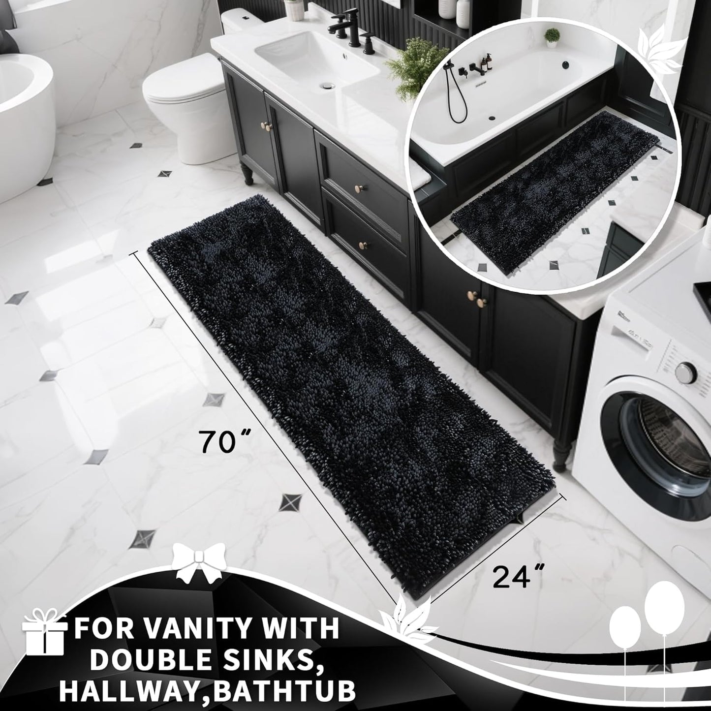 Yimobra Long Bathroom Rugs Runner 70x24 Inch, Extra Thick Soft Absorbent Chenille Bath Mat, Non Slip Machine Washable, Quick Dry Bath Rugs for Bathroom Floor, Tub and Shower, Black