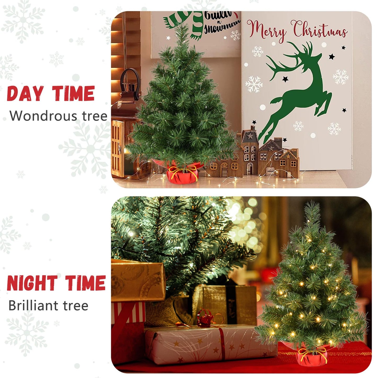 Pre-lit Mini Christmas Tree, Leeheeyee Artificial 2ft Tabletop Christmas Tree with 50 LED Lights, Battery Operated Small Xmas Tree with Burlap Base for Table Desk Home Christmas Decor