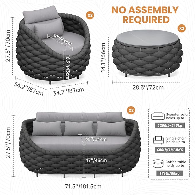 Erotr Lanai Outdoor Furniture Sofa Set: 6-Piece Aluminum Woven Rope Patio Conversation Set w/Table - Modern Cushions Couch Set - No Assembly Porch Seating for Deck Yard Garden Pool Hotel Resort