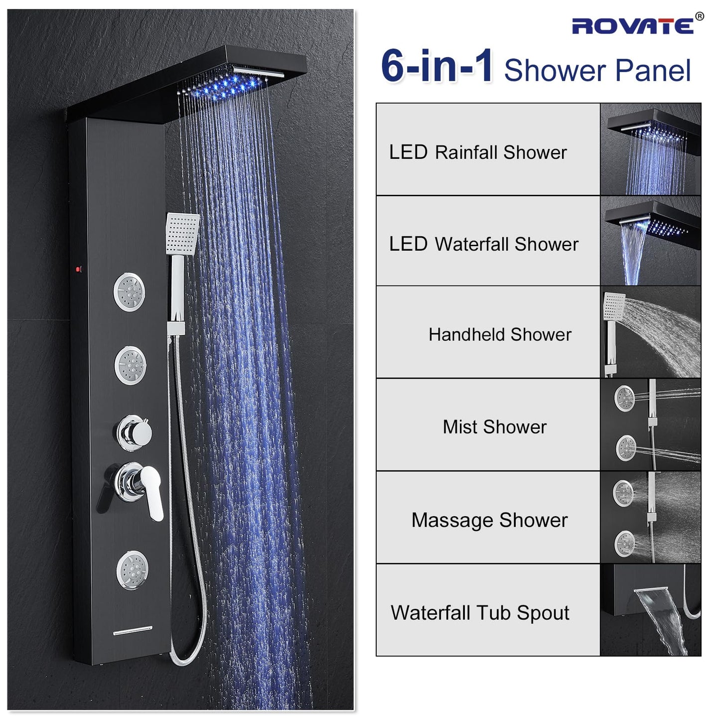 ROVATE LED Shower Panel Tower System with Rainfall Waterfall Shower, Black Shower Tower with Jets and Rainfall and Handheld, 5 in 1 Stainless Steel Shower Column High Pressure with Tub Spout