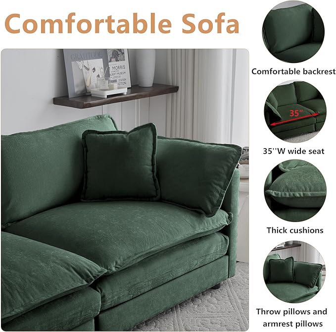 mikibama Luxury Modular Sectional Sofa, 111.5" Modern Chenille Comfy Cloud Couches for Living Room Office, 3 Seater Deep Sofa with 2 Armrest Pillows and 3 Toss Pillows, Evergreen