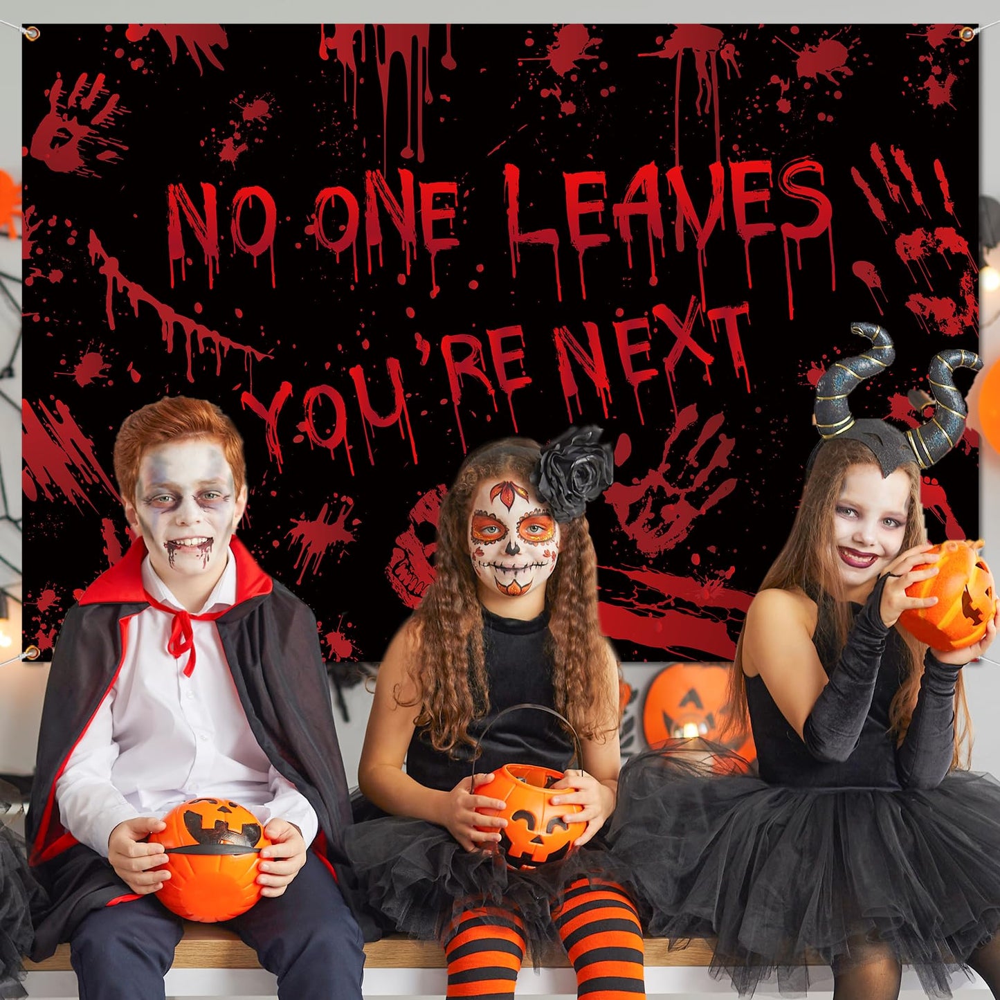 Bloody Halloween Decorations,Scary Halloween Backdrop No One Leaves Photo Background Banner Horror Movie Backdrop for Scary Halloween Party Decorations