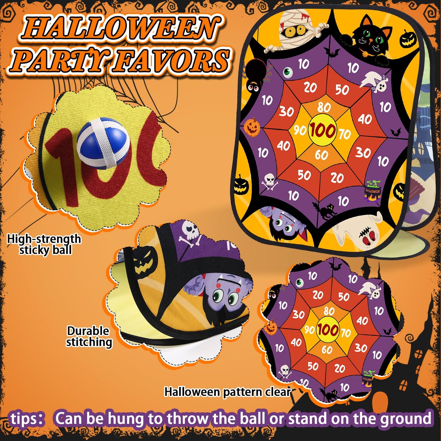 Blosssound Halloween Bean Bag Toss Games Set Double-Sided Foldable Dart Board with Sticky Balls Halloween Party Games for Family Party Outdoor Indoor Activities