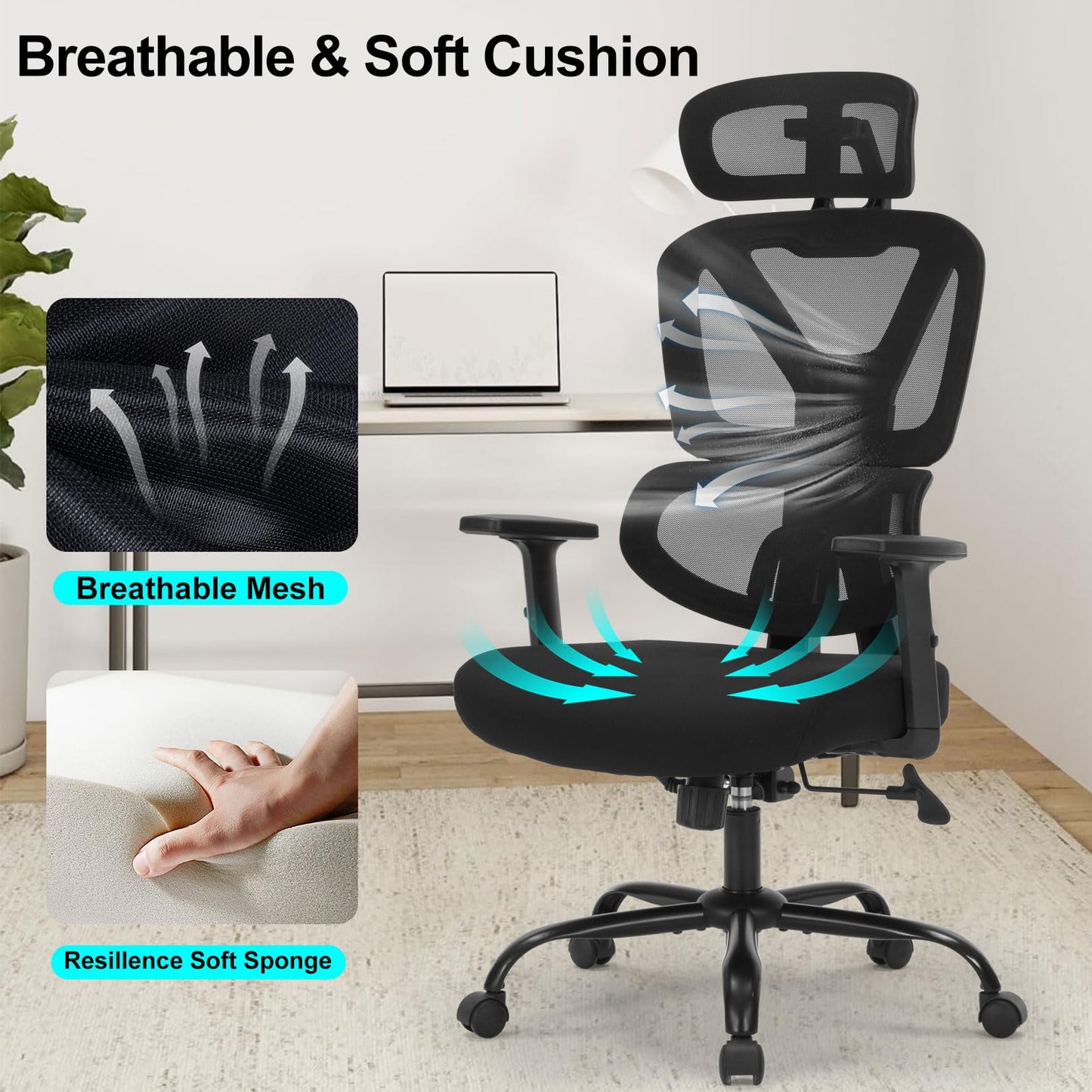 Executive Office Chair, Ergonomic High Back Mesh Desk Chair with Adjustable Height & Armrests, Lumbar Support Swivel Task Chair, 350LBS Executive Computer Chair for Home Office Study Meeting