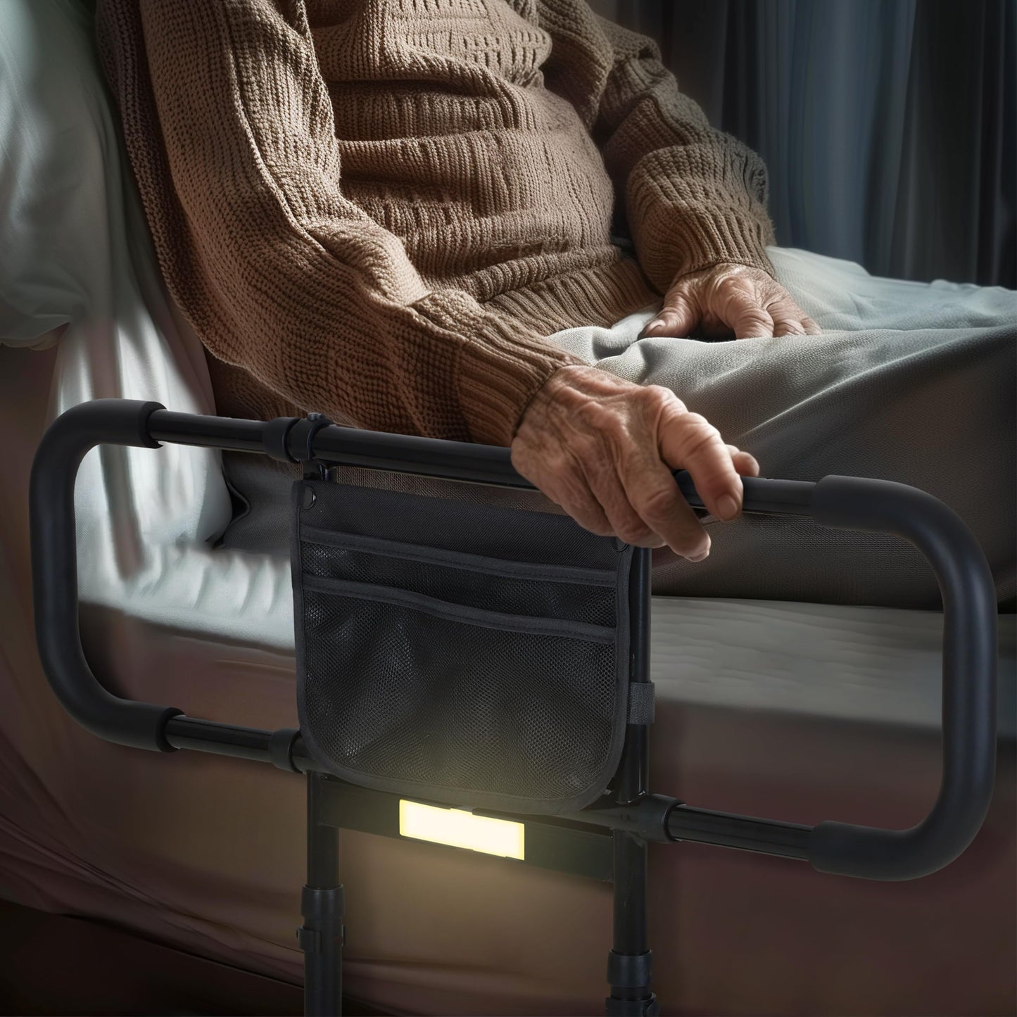 Bed Rails for Elderly Adults Safety - Elderly Assistance Products, Bedrails for Rlderly Adults Grab Bar Bed Handrails, Bed Rail with Pocket, Motion Sensor Light Fits King, Queen, Full, Twin (Black)