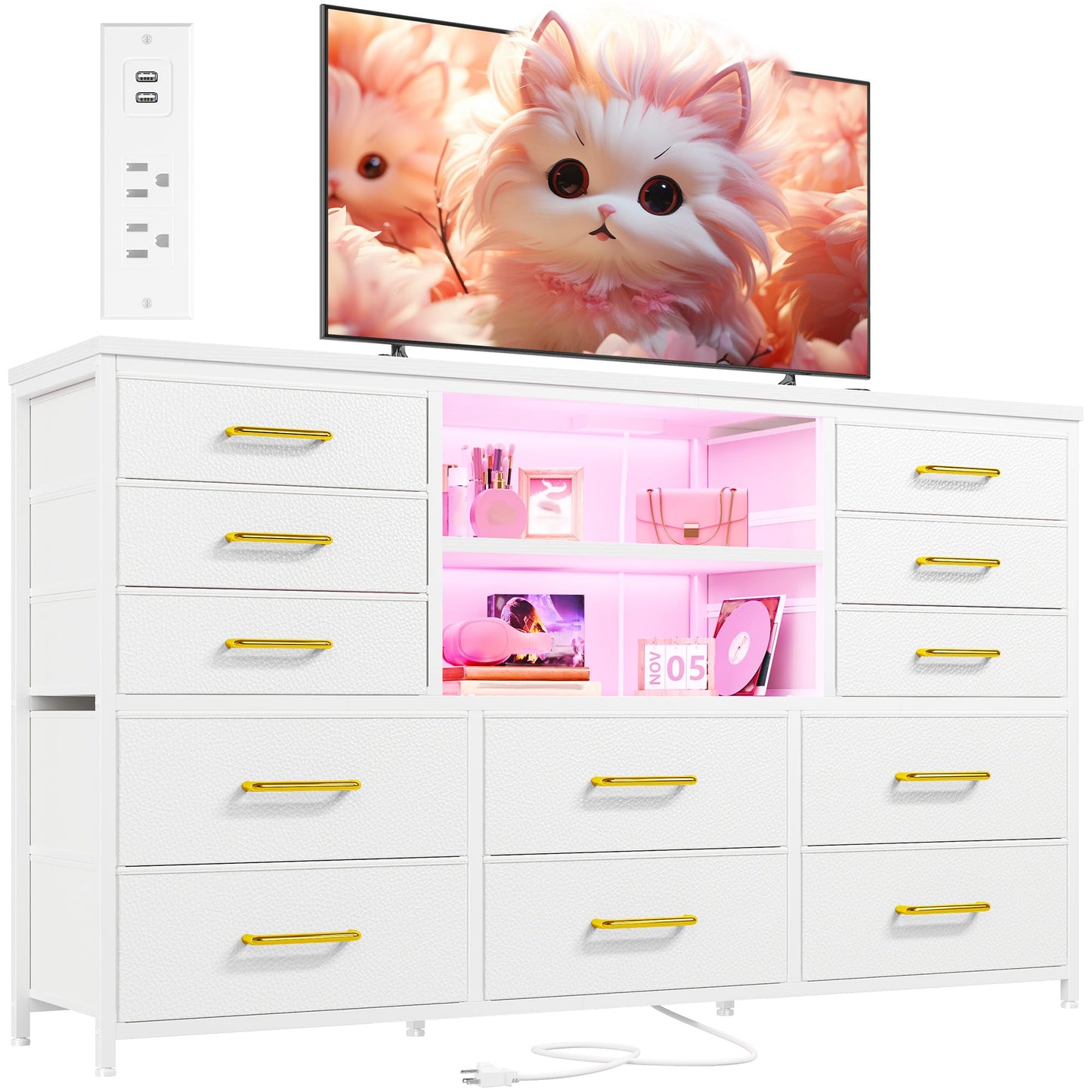 EnHomee White Dresser for Bedroom with 12 Drawers, Fabric Bedroom Dresser with LED Lights & Power Outlets Long Dressers & Chest of Drawers, Sturdy Metal Frame for Closet, Living Room, Hallway