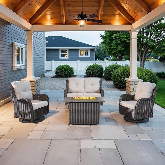 Belord 4 Piece Patio Furniture Set with Fire Pit Table - 41inch 50000 BTU Propane Fire Pit Table with High Back Loveseat Glider Chair and 2 Swivel Rocker Chair for Casual Gathering