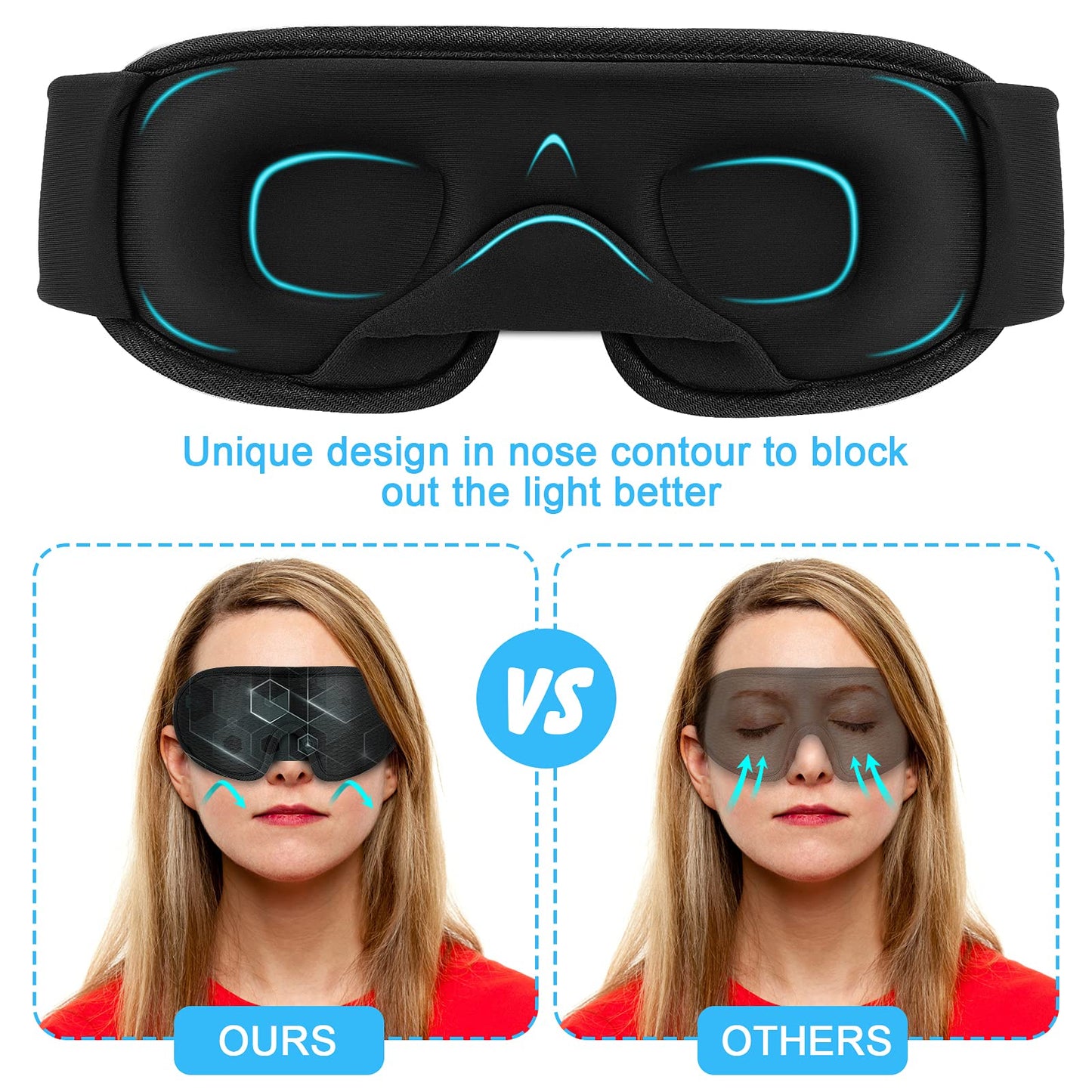 RIWISLL Sleep Mask, Super Soft 3D Contoured Cup Sleeping Mask, Upgraded 100% Blockout Light Sleep Masks for Women Men with Adjustable Strap, Comfortable Concave Molded Eye Covers for Sleeping, Black