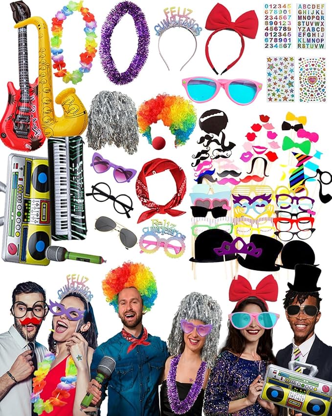 80pcs Large Gorgeous Photo Booth Props Set Birthday Party Accessories Kit Includes Clown Wig Foil Tinsel Wig Rock Headband...