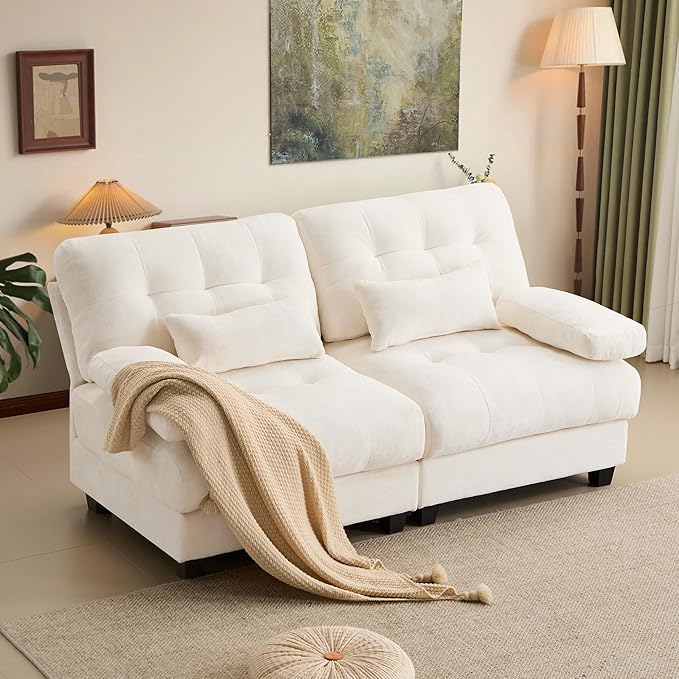 GRAINLLE 67'' Modern Chenille Love Seat Sleeper Cloud Couch Bed,Convertible Cozy Deep Seat Couches with Wide Armrest & Throw Pillows for Living Room,Home,Bedroom(Ivory)