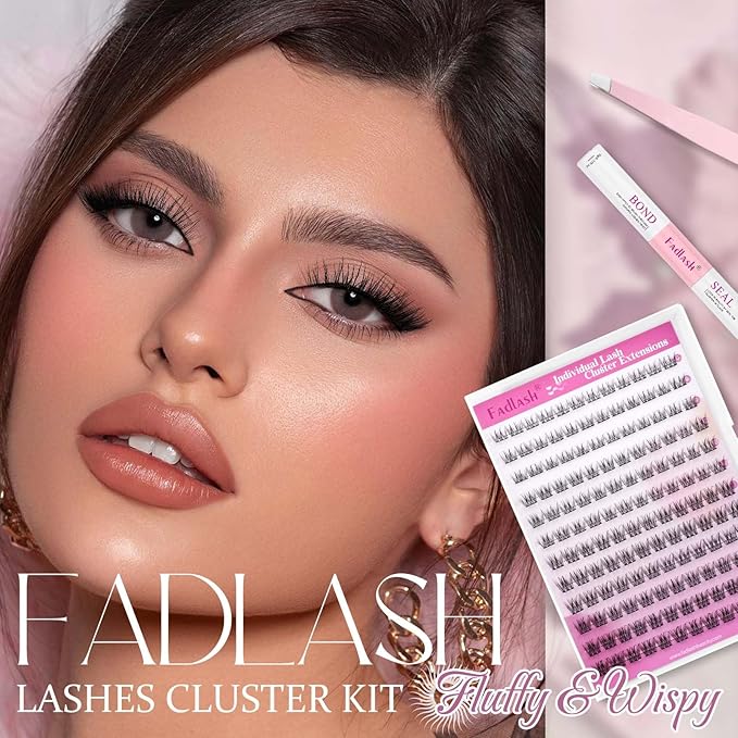 FADLASH Natural Lash Extension Kit Lash Clusters Kit 9-12mm Cluster Lashes Eyelash Exctensions with Lash Bond and Seal and Lash Tweezers DIY at Home (SLYW Kit)