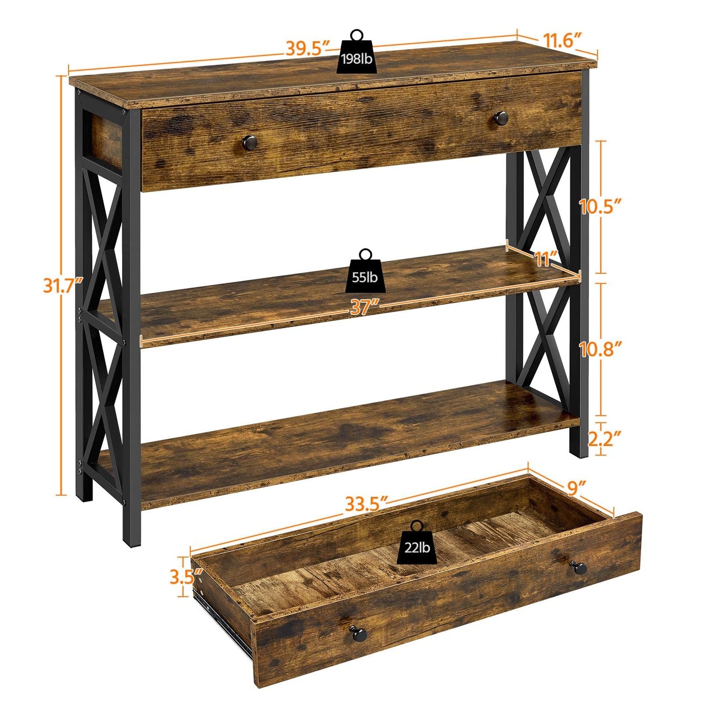 Yaheetech Console Table with Drawer, Entryway Table with 3 Tier Storage Shelves, Narrow Long Sofa Tables for Entryway, Living Room, Hallway, Couch, Kitchen, Metal Frame, Rustic Brown