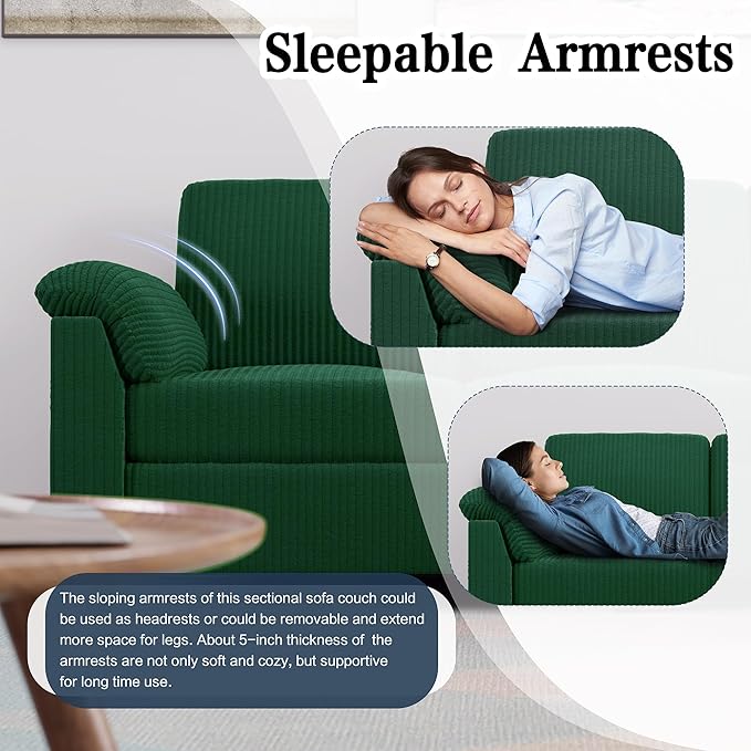 Meilocar Sectional Sofa Couch for Living Room, 79" Sectional Couch with Storage Ottoman, L Shaped Couches with Armrests Side Storage Pockage, 3-Seat Sofa Couches for Living Room, Apartment, Green