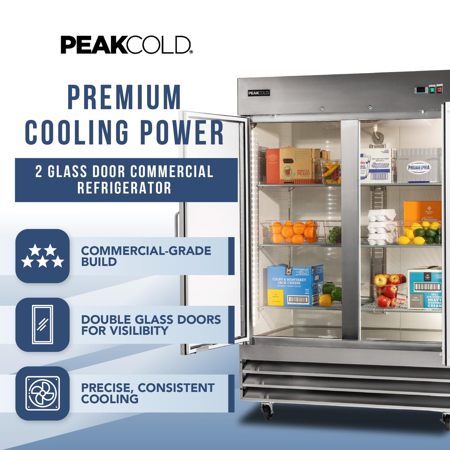 PEAKCOLD Double Glass Door Commercial Refrigerator - 47 Cubic Ft, 54" Wide Stainless Steel Reach-In Commercial Refrigerator with White Internal Lighting - Freestanding Industrial Fridge