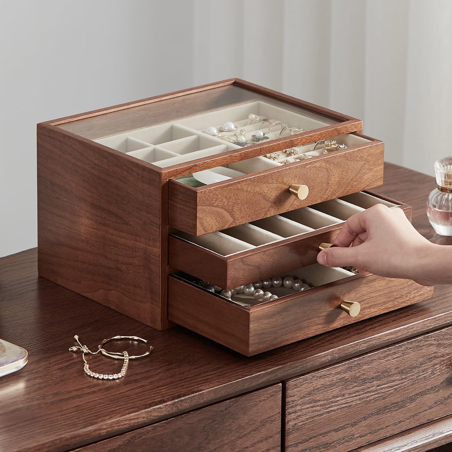 Homruilink Black Walnut Wooden Jewelry Box Women large 3 Layer Drawer Organizer Box with Glass Lid for Necklaces, Watch, Necklace, Ring, Earring Storage, Ideal Gift