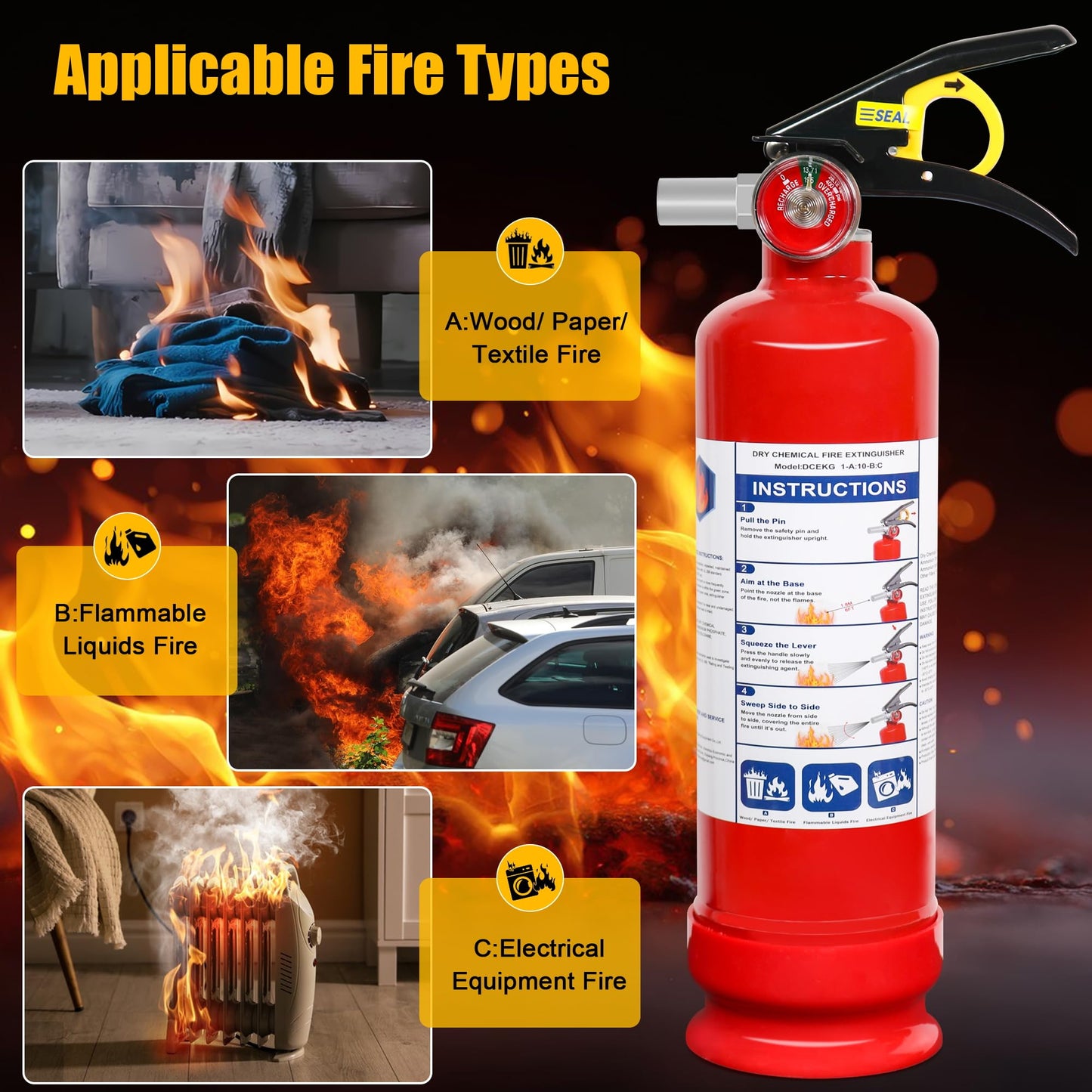1 Pack ABC Dry Chemical Fire Extinguisher, 2.5 lb 1A:10B:C Rating for Home, Vehicle, Boat, Quick Release Handle, Compact & Portable Dry Powder Extinguishers
