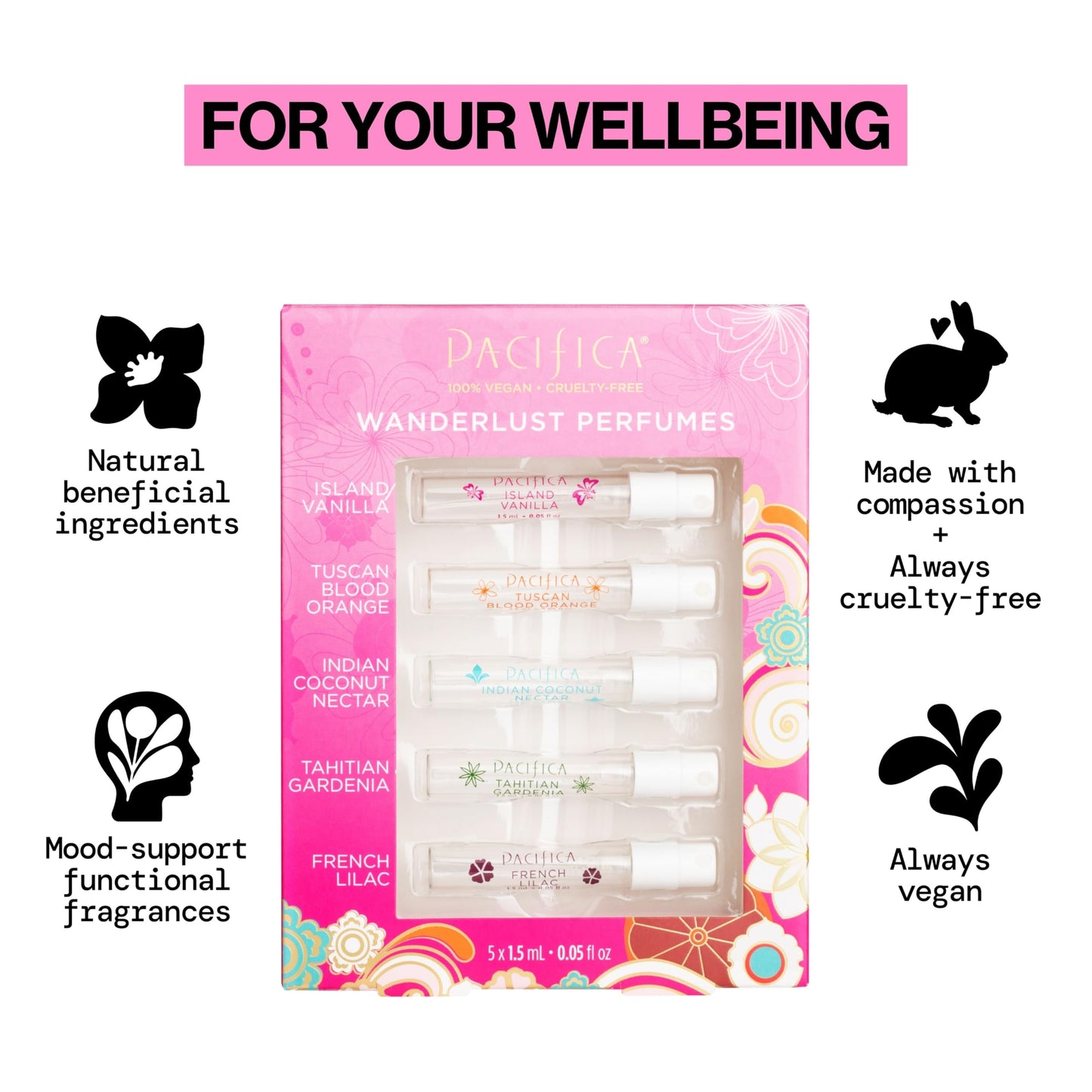 Pacifica Beauty, Wanderlust Spray Perfume Trial Set, Island Vanilla, 5 Scents, Fragrance Sampler Gift Set, Natural & Essential Oils, Clean, Vegan & Cruelty Free