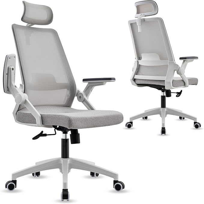 Msdizuo Ergonomic Office Computer Chair for All-Day Comfort, Dynamic Lumbar Support & Adjustable Headrest, 90° Swivel Flip-Up Arms Mesh Desk Chair - White, Tilt Lock, 350lbs