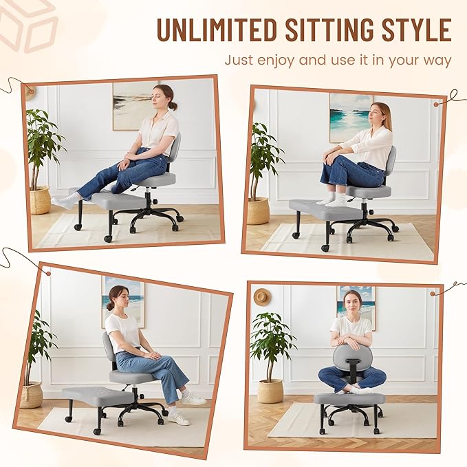 Homall Ergonomic Cross Legged Office Desk Chair with Wheels, 360° Swivel and Adjustable Height for Meditation and ADHD,Criss Cross Kneeling Chair with Lumbar Support (Leather, Grey)