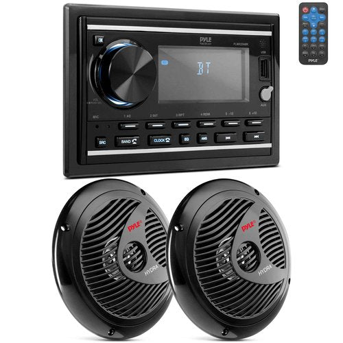 Pyle Boat Bluetooth Marine Stereo Receiver - Marine Head Unit Double DIN Stereo Receiver Power Amplifier & Speaker Kit - Hands-Free Calling, AM/FM/MP3/BT/USB/AUX - Remote, Speakers - Pyle PLMR2DNBK