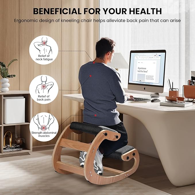 Easyego Kneeling Chair Ergonomic Posture Chair, Wood Adjustable Rocking Knee with Soft Padding, Natural Relief for Neck or Back Pain for Home Office, Max Load 300 lb - Black